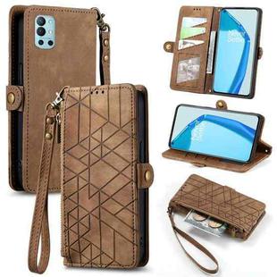 For OnePlus 9R Geometric Zipper Wallet Side Buckle Leather Phone Case(Brown)