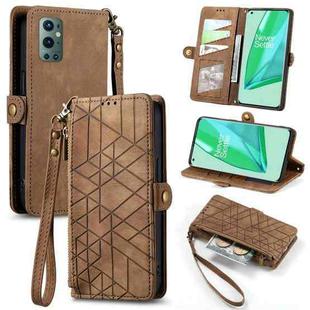 For OnePlus 9 Pro Geometric Zipper Wallet Side Buckle Leather Phone Case(Brown)