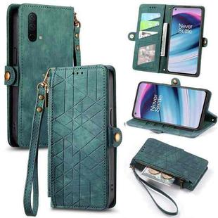 For OnePlus Nord CE 5G Geometric Zipper Wallet Side Buckle Leather Phone Case(Green)