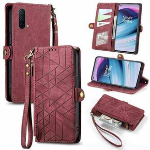 For OnePlus Nord CE 5G Geometric Zipper Wallet Side Buckle Leather Phone Case(Red)