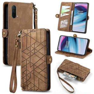 For OnePlus Nord CE 5G Geometric Zipper Wallet Side Buckle Leather Phone Case(Brown)