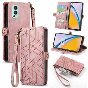 For OnePlus Nord 2 5G Geometric Zipper Wallet Side Buckle Leather Phone Case(Pink)