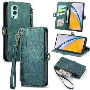 For OnePlus Nord 2 5G Geometric Zipper Wallet Side Buckle Leather Phone Case(Green)