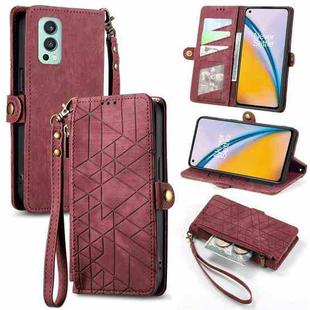 For OnePlus Nord 2 5G Geometric Zipper Wallet Side Buckle Leather Phone Case(Red)