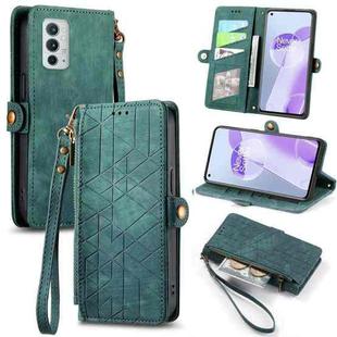 For OnePlus 9RT 5G Geometric Zipper Wallet Side Buckle Leather Phone Case(Green)