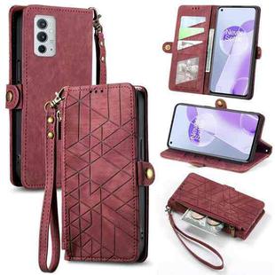 For OnePlus 9RT 5G Geometric Zipper Wallet Side Buckle Leather Phone Case(Red)