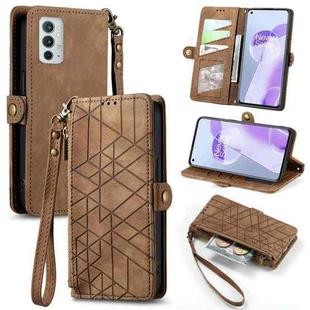 For OnePlus 9RT 5G Geometric Zipper Wallet Side Buckle Leather Phone Case(Brown)