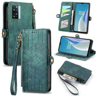 For OnePlus N20 SE Geometric Zipper Wallet Side Buckle Leather Phone Case(Green)