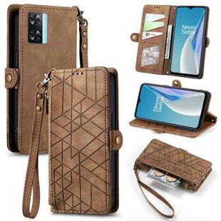 For OnePlus N20 SE Geometric Zipper Wallet Side Buckle Leather Phone Case(Brown)