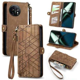 For OnePlus 11 Geometric Zipper Wallet Side Buckle Leather Phone Case(Brown)