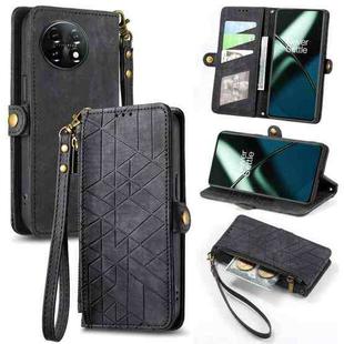 For OnePlus 11 Geometric Zipper Wallet Side Buckle Leather Phone Case(Black)