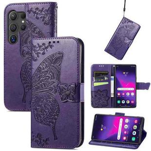 For Samsung Galaxy S24 Ultra 5G Butterfly Love Flower Embossed Leather Phone Case(Dark Purple)