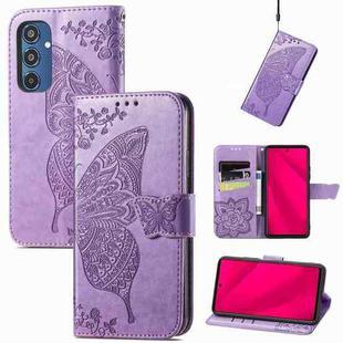For Samsung Galaxy M35 Butterfly Love Flower Embossed Leather Phone Case(Light Purple)