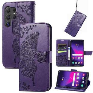 For Samsung Galaxy S25 Ultra 5G Butterfly Love Flower Embossed Leather Phone Case(Dark Purple)