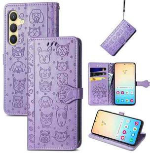 For Samsung Galaxy S24 5G Cat and Dog Embossed Leather Phone Case(Purple)