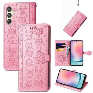 For Samsung Galaxy A25 5G Cat and Dog Embossed Leather Phone Case(Pink)