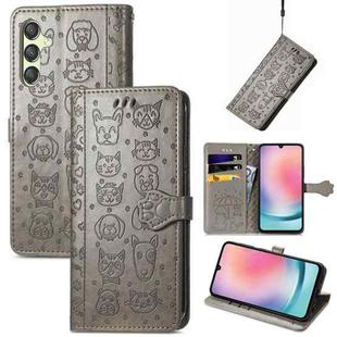 For Samsung Galaxy A25 5G Cat and Dog Embossed Leather Phone Case(Gray)