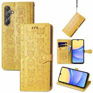 For Samsung Galaxy A15 Cat and Dog Embossed Leather Phone Case(Yellow)