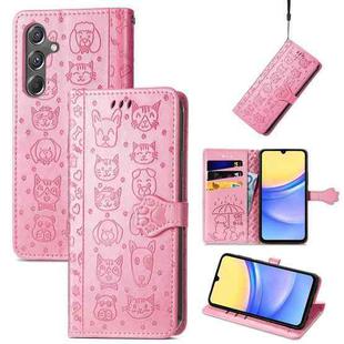 For Samsung Galaxy A15 Cat and Dog Embossed Leather Phone Case(Pink)