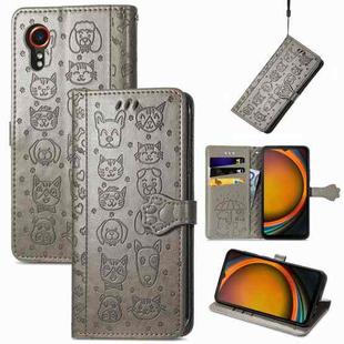 For Samsung Galaxy Xcover 7 Cat and Dog Embossed Leather Phone Case(Gray)