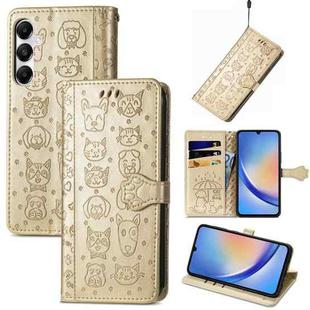 For Samsung Galaxy A35 5G Cat and Dog Embossed Leather Phone Case(Gold)