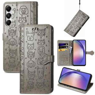 For Samsung Galaxy A55 5G Cat and Dog Embossed Leather Phone Case(Gray)