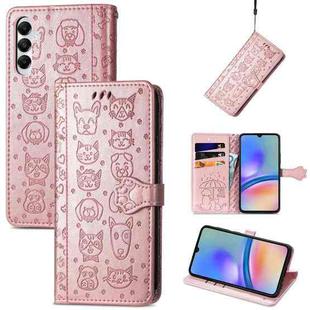 For Samsung Galaxy A05s Cat and Dog Embossed Leather Phone Case(Rose Gold)
