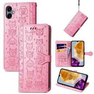 For Samsung Galaxy A06 Cat and Dog Embossed Leather Phone Case(Pink)