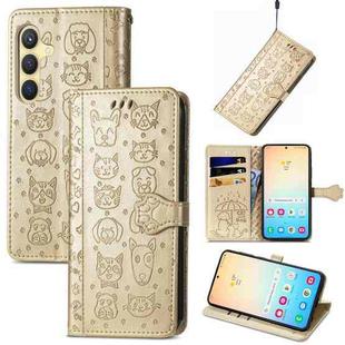 For Samsung Galaxy S25 5G Cat and Dog Embossed Leather Phone Case(Gold)