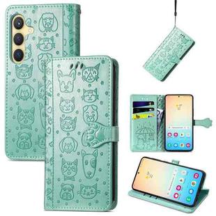 For Samsung Galaxy S25+ 5G Cat and Dog Embossed Leather Phone Case(Green)