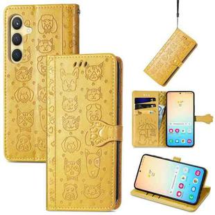 For Samsung Galaxy S25 Ultra 5G Cat and Dog Embossed Leather Phone Case(Yellow)