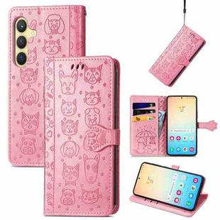 For Samsung Galaxy S25 Ultra 5G Cat and Dog Embossed Leather Phone Case(Pink)