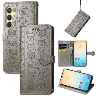 For Samsung Galaxy S25 Ultra 5G Cat and Dog Embossed Leather Phone Case(Gray)
