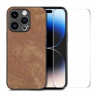 For iPhone 15 Pro Max ENKAY Retro Leather Skin PC Phone Case with High Aluminum-silicon Glass Film(Brown)