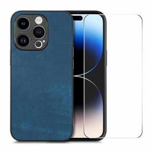 For iPhone 15 Pro ENKAY Retro Leather Skin PC Phone Case with High Aluminum-silicon Glass Film(Blue)