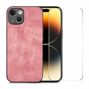 For iPhone 15 Plus ENKAY Retro Leather Skin PC Phone Case with High Aluminum-silicon Glass Film(Pink)