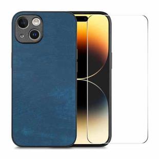 For iPhone 15 Plus ENKAY Retro Leather Skin PC Phone Case with High Aluminum-silicon Glass Film(Blue)