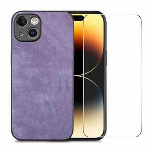 For iPhone 15 Plus ENKAY Retro Leather Skin PC Phone Case with High Aluminum-silicon Glass Film(Purple)