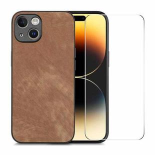 For iPhone 15 Plus ENKAY Retro Leather Skin PC Phone Case with High Aluminum-silicon Glass Film(Brown)