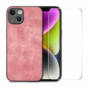For iPhone 14 Plus ENKAY Retro Leather Skin PC Phone Case with High Aluminum-silicon Glass Film(Pink)