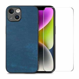 For iPhone 14 Plus ENKAY Retro Leather Skin PC Phone Case with High Aluminum-silicon Glass Film(Blue)