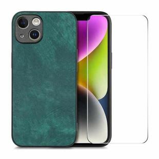 For iPhone 14 ENKAY Retro Leather Skin PC Phone Case with High Aluminum-silicon Glass Film(Green)