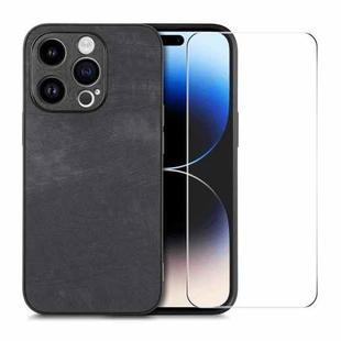 For iPhone 14 Pro ENKAY Retro Leather Skin PC Phone Case with High Aluminum-silicon Glass Film(Black)