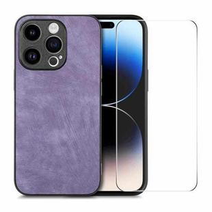 For iPhone 14 Pro ENKAY Retro Leather Skin PC Phone Case with High Aluminum-silicon Glass Film(Purple)