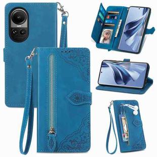 For OPPO Reno10 /10 Pro Global Embossed Flower Zipper Leather Phone Case(Blue)