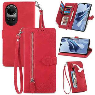 For OPPO Reno10 Global / 10 Pro Global Embossed Flower Zipper Leather Phone Case(Red)