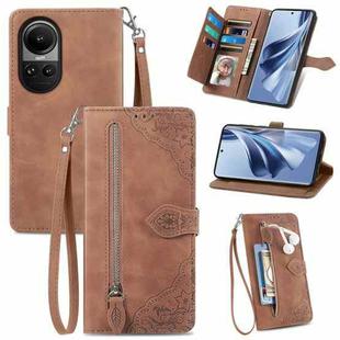 For OPPO Reno10 /10 Pro Global Embossed Flower Zipper Leather Phone Case(Brown)