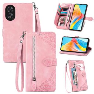 For OPPO A38 Embossed Flower Zipper Leather Phone Case(Pink)