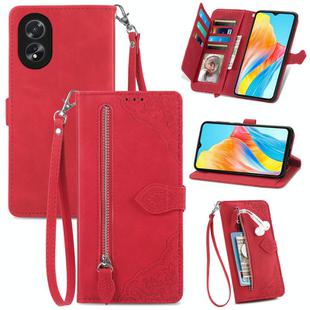 For OPPO A38 Embossed Flower Zipper Leather Phone Case(Red)