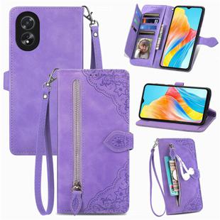 For OPPO A38 Embossed Flower Zipper Leather Phone Case(Purple)